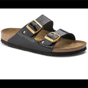 Birkenstock sandals black with gold metal sz 40